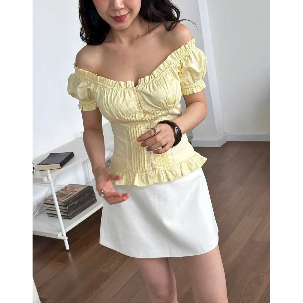 MyaHouse | Áo kiểu nữ nhúng thun trễ vai viền li dọc nhúng thun sau mặc được 2 kiểu trẻ trung, năng động