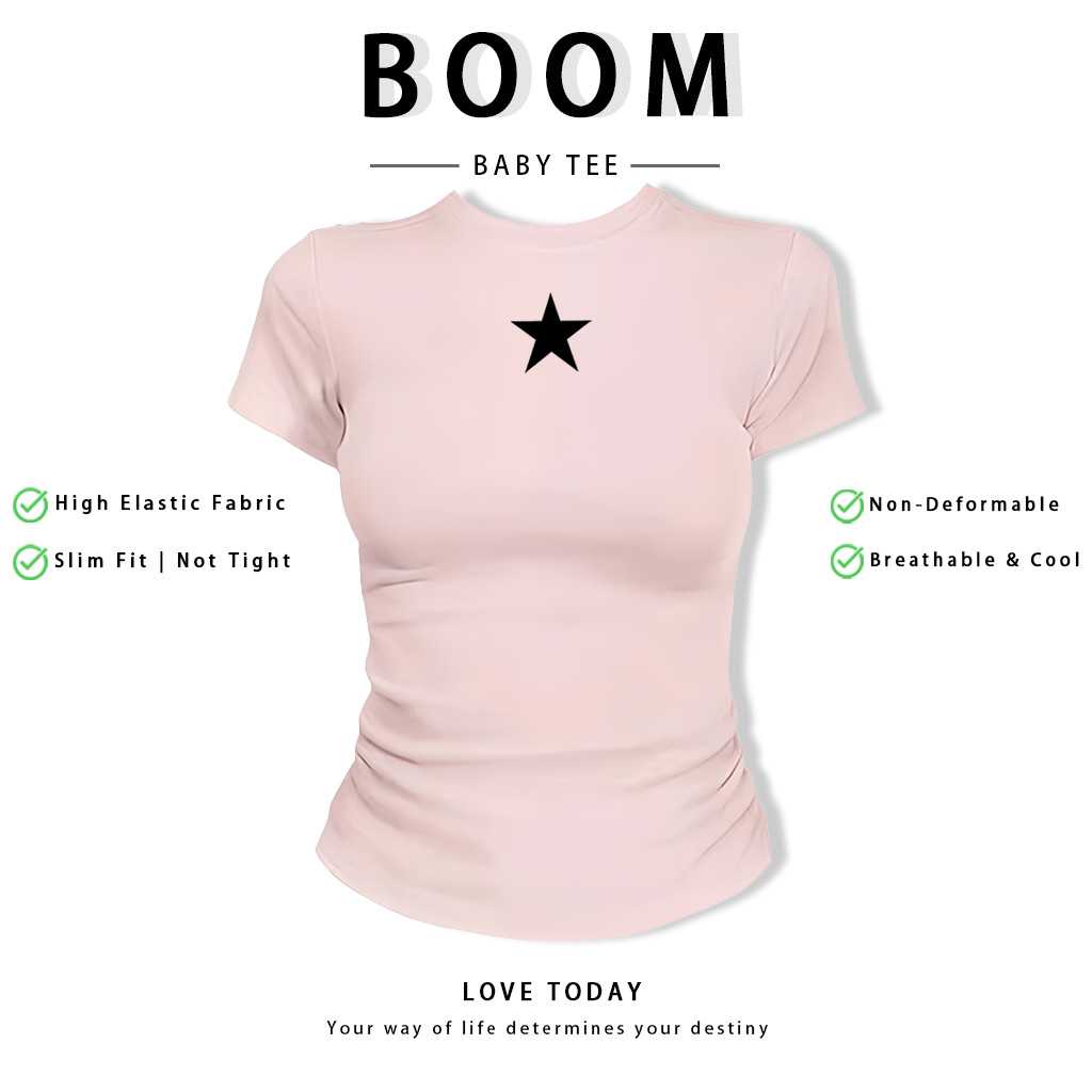 BOOM Áo Baby Tee Nữ Cotton Ôm Body-Áo Thun Ngắn Tay Y2K In Hình PhongCách Mùa Hè, Cổ Tròn Hàng Đầucách hàn quốc phongF89