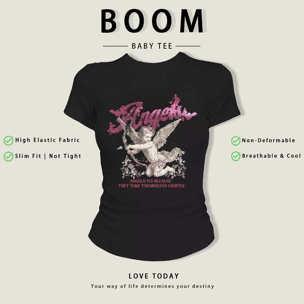 BOOM Áo Baby Tee Nữ Cotton Ôm Body-Áo Thun Ngắn Tay Y2K In Hình PhongCách Mùa Hè, Cổ Tròn Hàng Đầucách hàn quốc phongR02