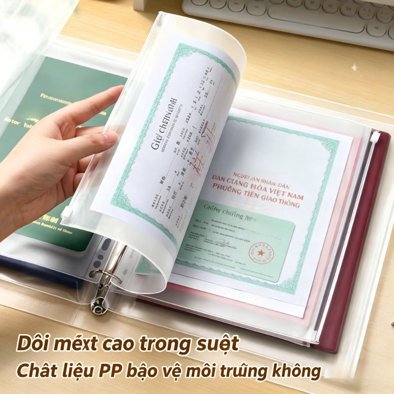 Bìa Sổ Còng Đựng Tài Liệu Đa Năng A4/B5/A5, Kèm 28 Túi Zip Chống Nước, Lưu Trữ Hồ Sơ Văn Phòng Gia Đình, Dày Dặn
