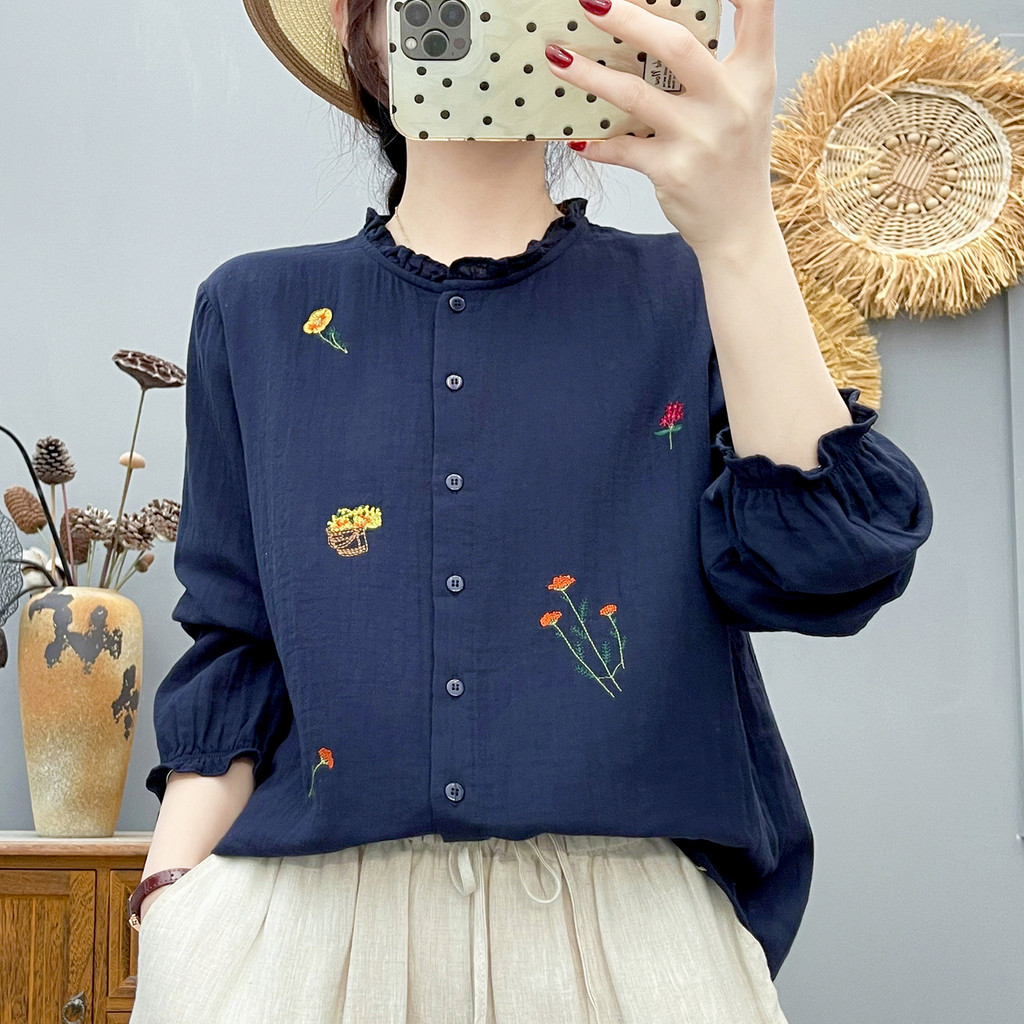 [Hàng có sẵn] Áo sơ mi Mori Art 100% Cotton, cổ thêu dài tay mềm mại, thoải mái