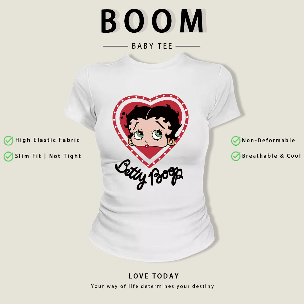 BOOM Áo Baby Tee Nữ Cotton Ôm Body-Áo Thun Ngắn Tay Y2K In Hình PhongCách Mùa Hè, Cổ Tròn Hàng Đầucách hàn quốc phongR04