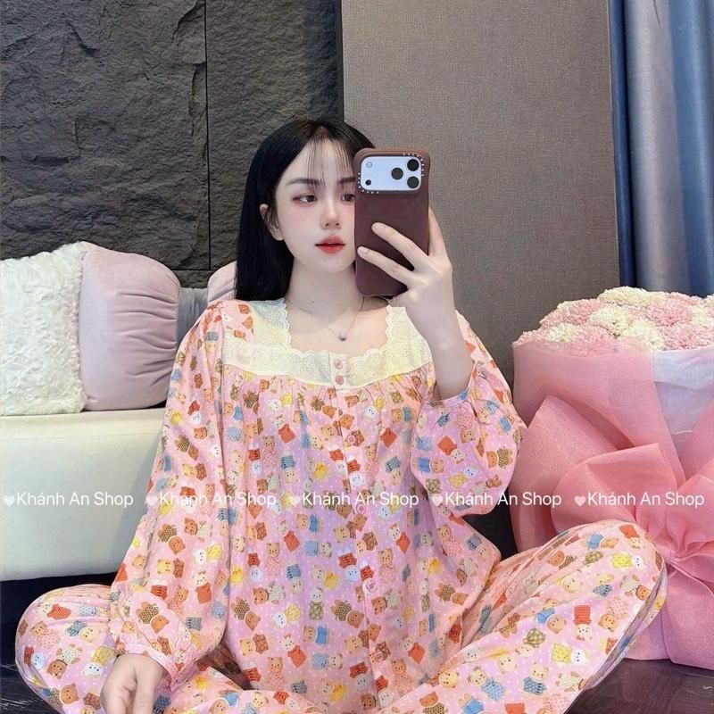 KA184 - Đồ Bộ Tole Lanh Áo Cổ Vuông  Phối Ren Tay Dài Quần Dài B2
