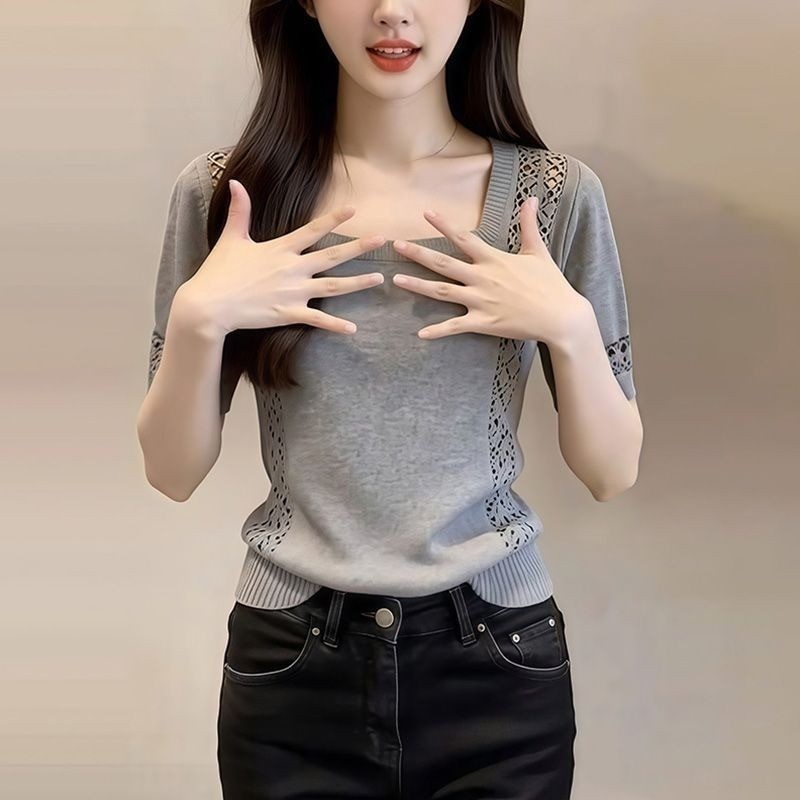 Áo ngắn tay dệt kim cổ vuông cổ điển, phù hợp mùa hè dành cho nữ