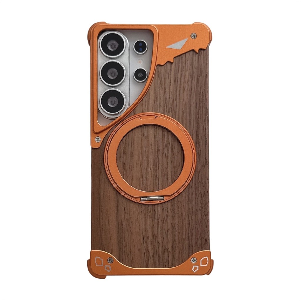 Dành Cho Samsung Galaxy S23 S22 S24 S25 S26 Ultra Walnut Gỗ Kim Loại Viền Giáp 360° Giá đỡ từ tính xoay Vỏ chống sốc