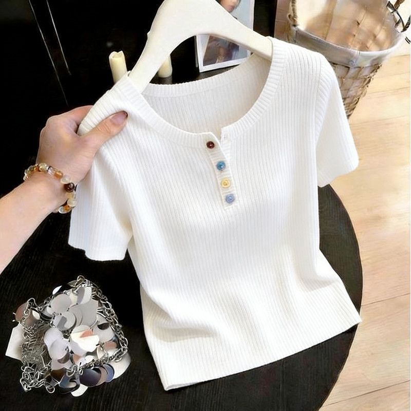 Áo Len Ngắn Tay Có Nút Màu Sắc Đa Dạng, Thiết Kế Slim-Fit, Phong Cách Thanh Lịch Cho Nữ