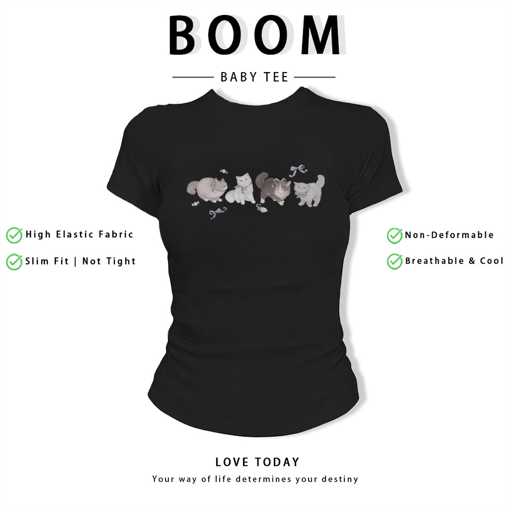 BOOM Áo Baby Tee Nữ Cotton Ôm Body-Áo Thun Ngắn Tay Y2K In Hình PhongCách Mùa Hè, Cổ Tròn Hàng Đầucách hàn quốc phongR66