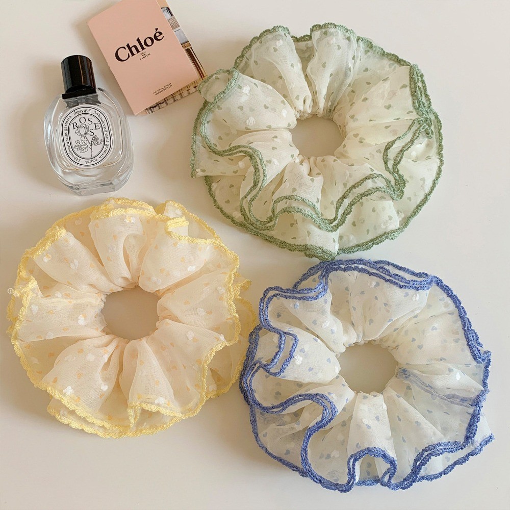 Hululu Scrunchy Phong Cách Hàn Quốc, Màu Vàng Chấm Bi, Four-Layer Gauze