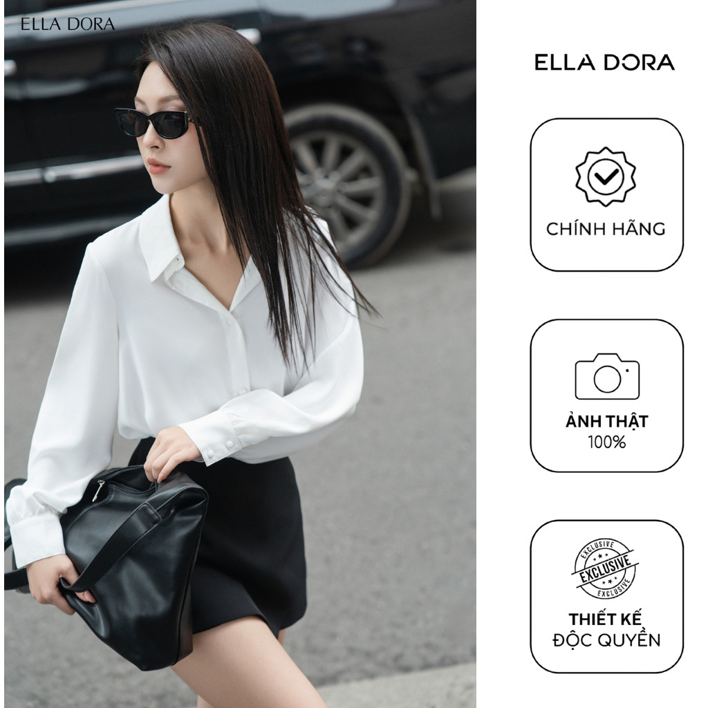 Áo sơ mi nữ ELLA DORA thiết kế dáng suông cúc bọc thanh lịch hiện đại hai màuTRẮNG/XANH [SM146]