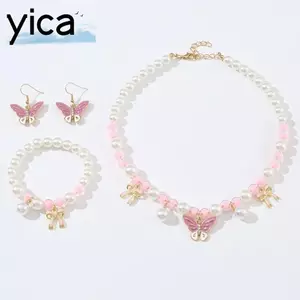 Bộ trang sức YICA cho trẻ em: bông tai, mặt dây chuyền và vòng cổ với họa tiết bướm ngọt ngào và hạt màu hồng sáng tạo