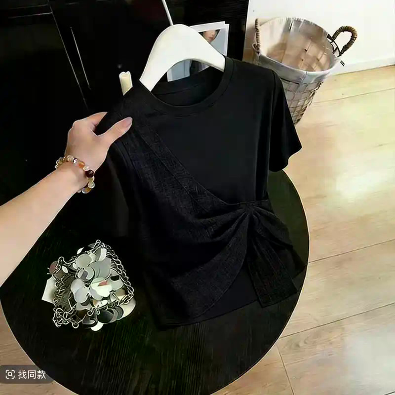 Áo thun nữ thiết kế gạc ngắn tay Phong cách mới không đều sang trọng Slim