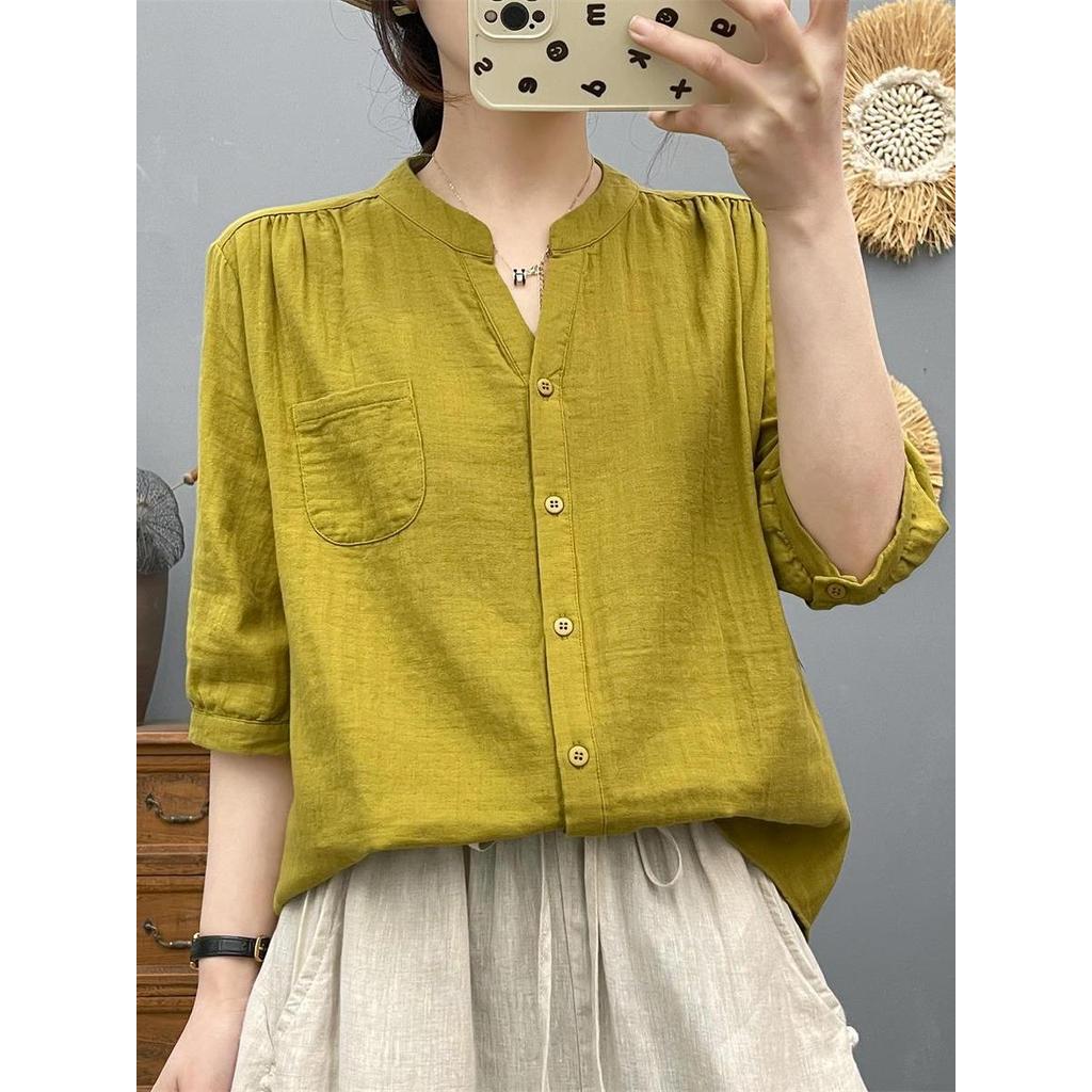 [Sẵn Sàng] Áo Sơ Mi Nữ 100% Sợi Cotton Cao Cấp Văn Học Cổ Chữ V Màu Trơn Cotton Mềm Thoáng Khí Áo Sơ Mi Cotton Cho Bé