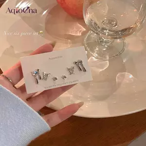 AqToCna 6 Cái / bộ Thời Trang Hàn Quốc Vintage Màu Bạc Vòng Bông Tai Dành Cho Nữ Egirl Hợp Thời Trang Trang Trang Sức Thẩm Mỹ Y2K Phụ Kiện AqToCna