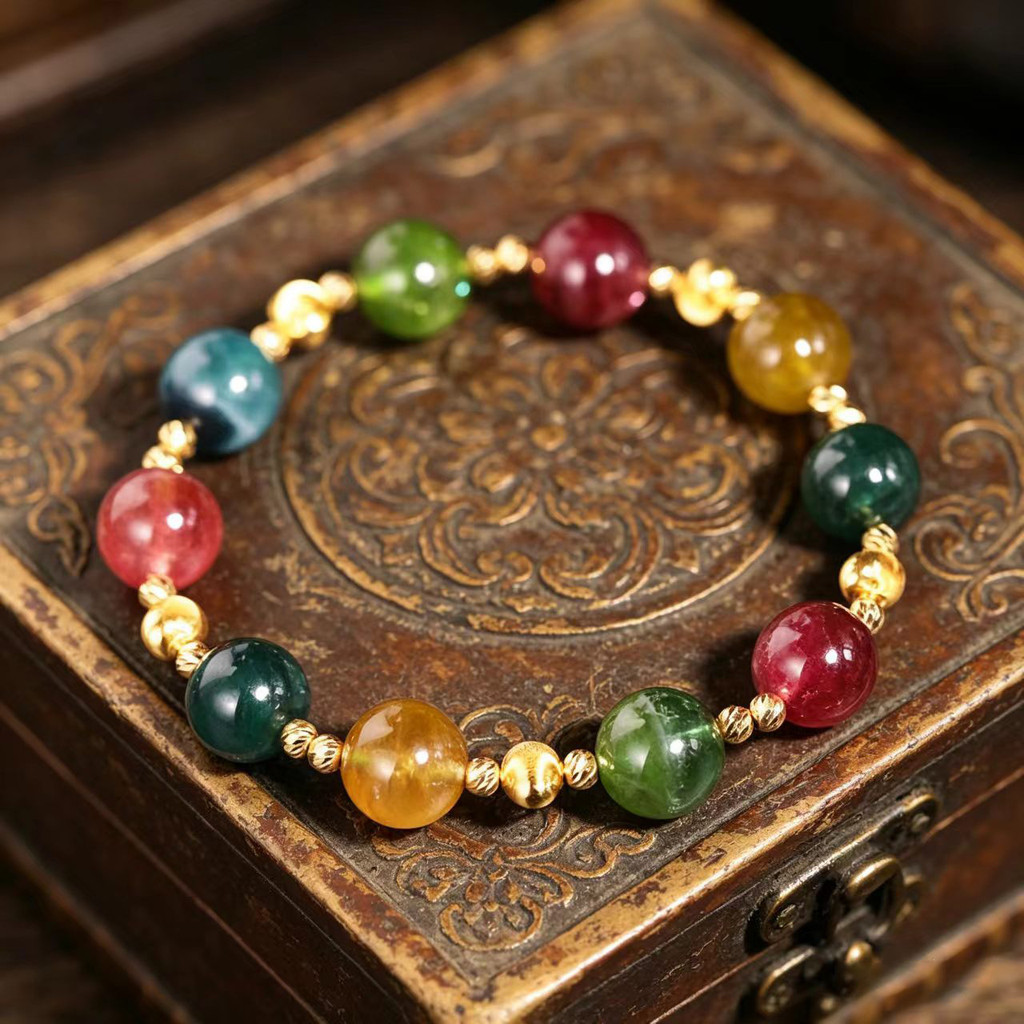 Thạch Anh Nhiều Màu Sắc Tourmaline Vòng Tay Nữ Retro Văn Học Đính Hạt Vòng Tay Thiết Kế Niche Lễ Hội