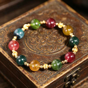 Thạch Anh Nhiều Màu Sắc Tourmaline Vòng Tay Nữ Retro Văn Học Đính Hạt Vòng Tay Thiết Kế Niche Lễ Hội