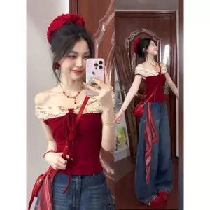 Áo thun ngắn tay cổ một dòng hoa màu đỏ dành cho nữ mùa hè phiên bản Hàn Quốc Khâu Niche Áo thun ngắn tay Top 2