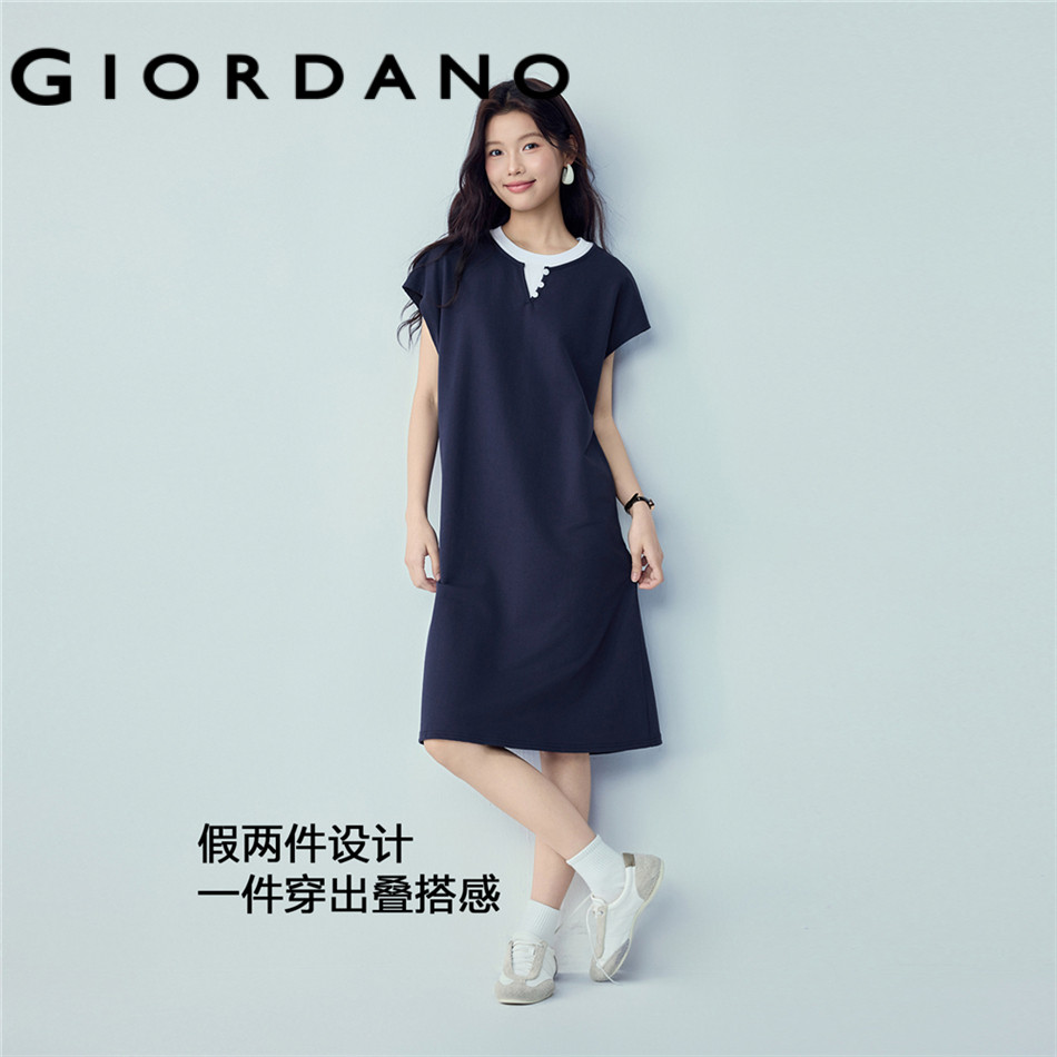 GIORDANO WOMEN cotton fake two-piece french terry dress 05466463