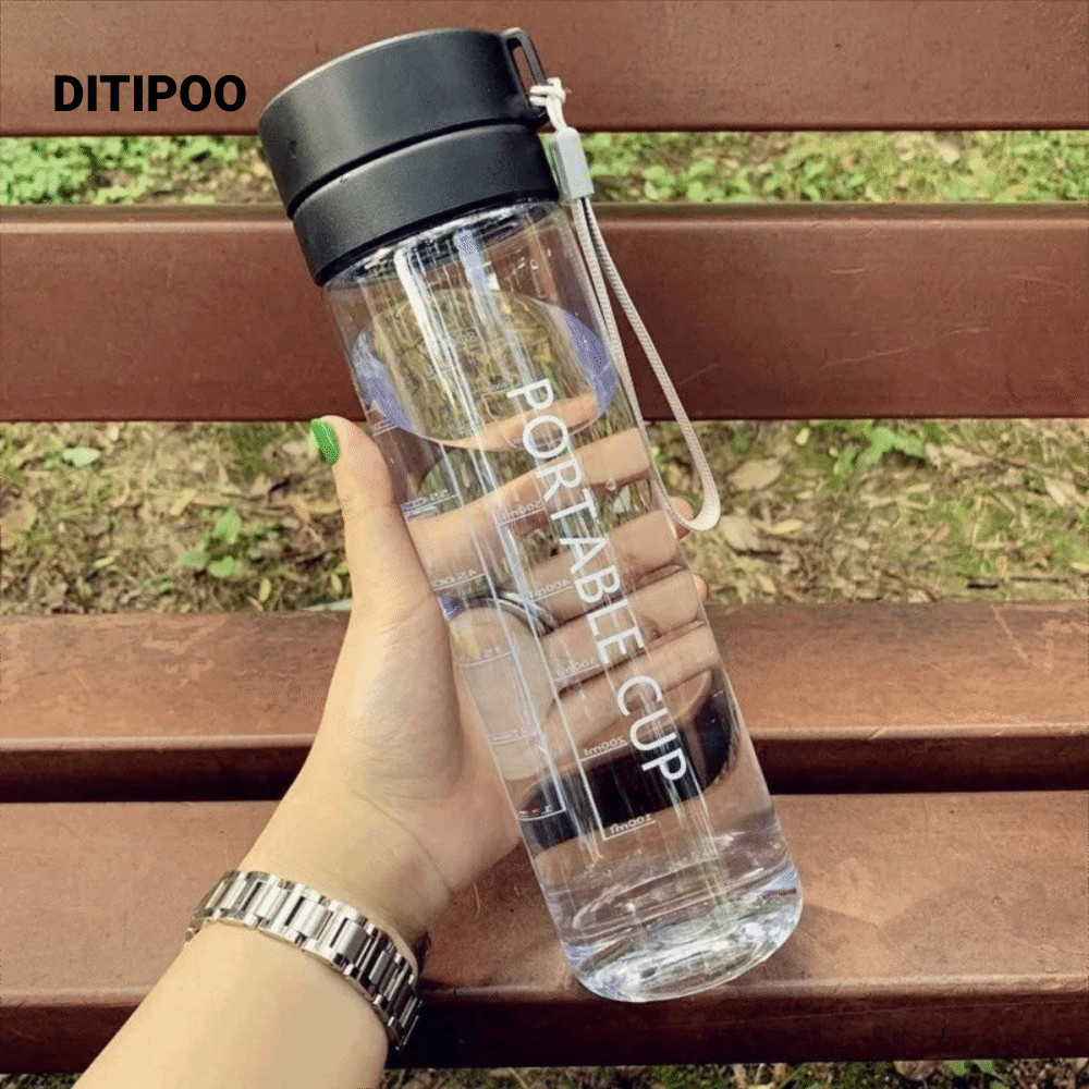Cốc Nước DITIPOO, có Dây Buộc Chai Nước Thể Thao 800ML, Cốc Nhựa Trong Suốt Mờ Di Động Dung Tích Lớn Trẻ Em