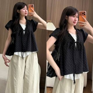 Áo Babydoll Viền Bèo Cộc Tay Hoa Nhí Nơ Ngực Phối Ren Boi Trắng Thời Trang Nữ