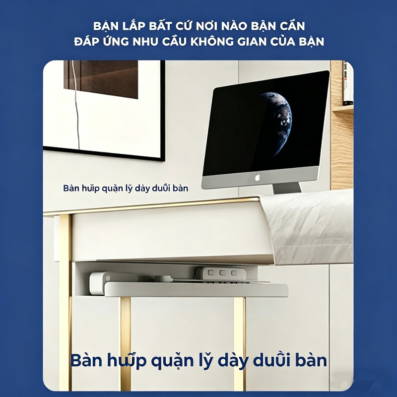 Khay quản lý dây cáp dưới bàn - che giấu ổ cắm gọn gàng, dễ lắp đặt, ngăn ngừa dây cáp rối và cách điện an toàn