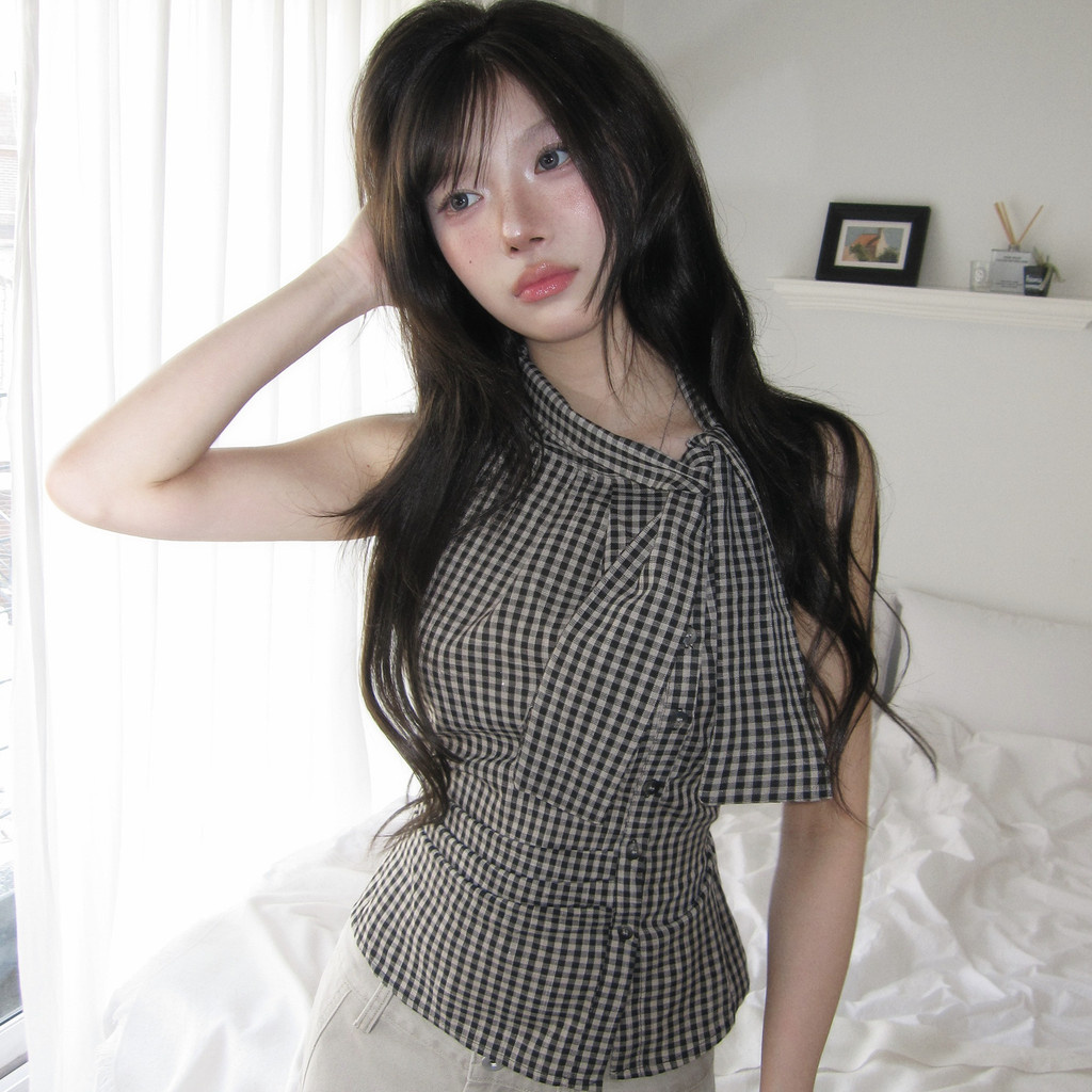 SUXI Áo sơ mi không tay cổ điển kẻ sọc cổ điển mùa hè mới dành cho nữ 260508