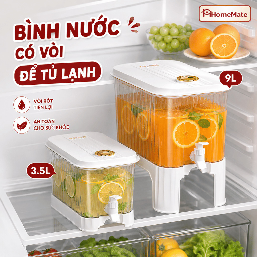 Bình Nước Có Vòi Để Tủ Lạnh 3.5L/5L/9L HomeMate – Bình Đựng Nước Ép, Trà Hoa Quả Có Chân Đế Tiện Lợi