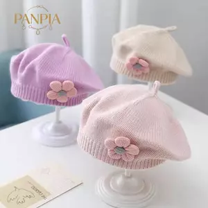 PNPIA- Mũ nồi hoa cho bé màu trơn mùa đông ấm áp Mũ beanie dệt kim cho trẻ sơ sinh Bé gái Hàn Quốc Tập đi Công chúa nghệ sĩ Mũ họa sĩ