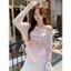 Milyfashion Loose Slimmer Look Pure Desire Pink Bowknot Cat Print Cổ áo chéo lệch vai dài-