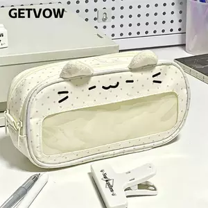 Bút chì GETVOW, họa tiết mèo có màn hình Ita Túi đựng bút chì cửa sổ, Túi đựng bút dung tích lớn cầm tay hai lớp đa chức năng dành cho học sinh