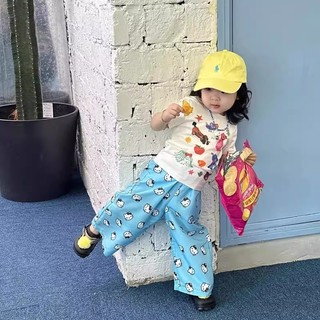 Bộ hai mảnh in hình hoạt hình mùa hè cho bé gái Áo thun ngắn tay in hình động vật màu trắng + Bộ quần chống muỗi màu xanh