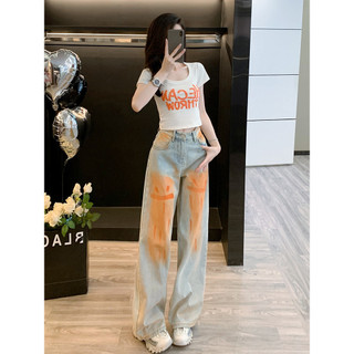 Bộ áo thun ôm dáng cổ chữ U in chữ nổi 3D và quần jean rách phong cách Mỹ Trẻ Trung cho Nữ mùa Hè