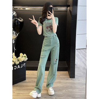 Bộ đồ thời trang thường ngày cho nữ, gồm áo in họa tiết đa năng mùa hè và quần jean rách trẻ trung