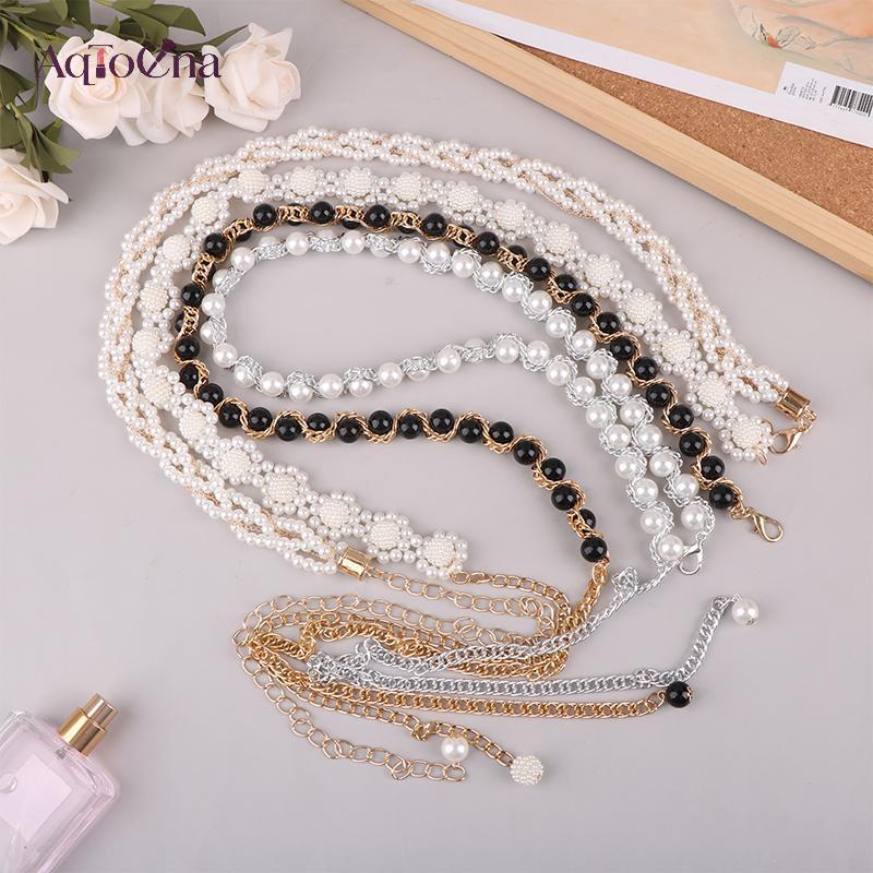 AqToCna Thắt lưng nữ ngọc trai với dây xích đàn hồi - Phụ kiện thời trang cho quần áo