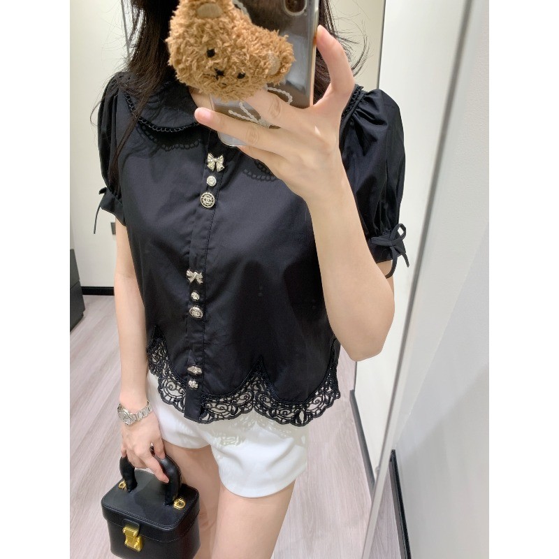 Áo sơ mi nữ phong cách mới có cổ búp bê và viền ren