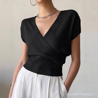 [Giảm giá trong thời gian có hạn] Quần áo nữ cỡ lớn phong cách sang trọng, cổ chữ V, dệt kim ngắn tay dáng rộng, phù hợp mùa hè