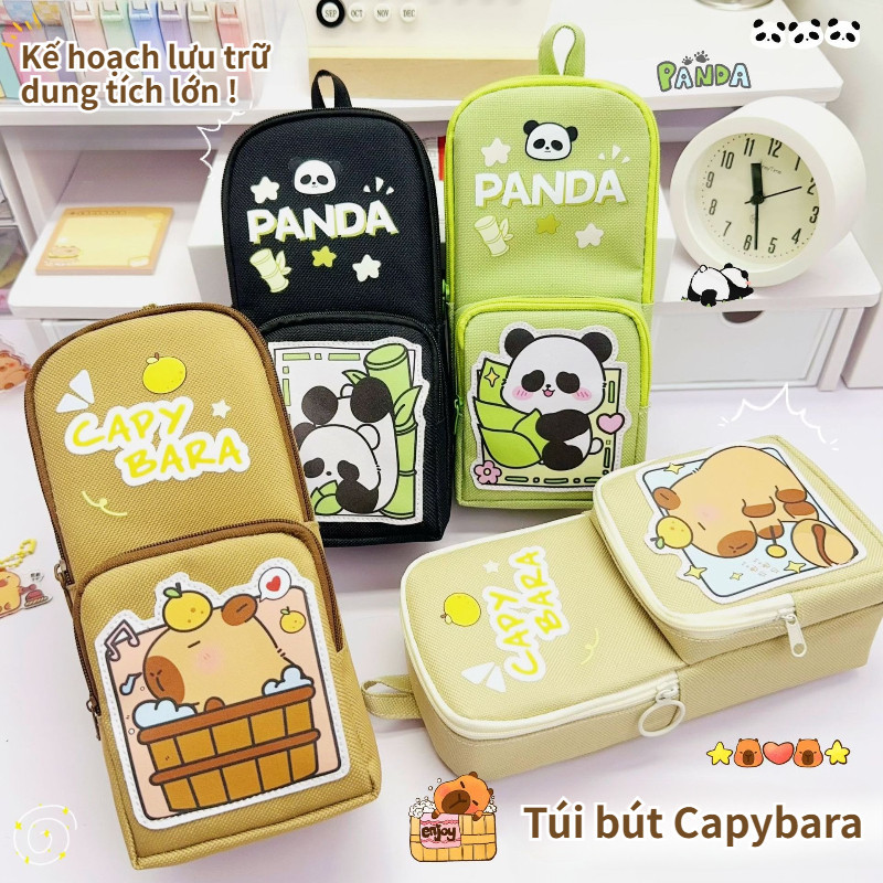 Túi Bút Đựng Đồ Học Sinh,Túi bút hoạt hình,Họa Tiết Gấu Trúc Capybara, Nhiều Ngăn, Đứng Tự Lập,Vải Oxford, Cho Văn Phòng