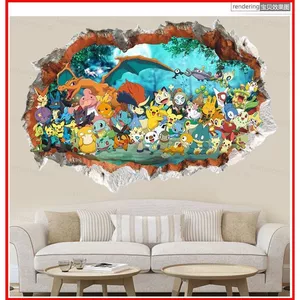 ST2 Pokémon Thám Tử Pikachu 3D Giấy Dán Tường Ba Chiều Miếng Dán Trẻ Em Phòng Ngủ Trang Trí Phòng Khách Sinh Nhật Par