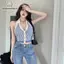 Nhíp Dệt Kim Crop Top Ne-mounted Mùa Hè Sọc Midriff-baring
