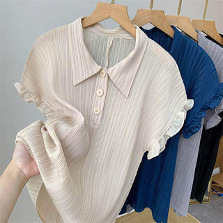 Miyake POLO Cổ Áo Sơ Mi Nữ Thiết Kế Mùa Hè Niche Loose Tính Khí Giảm Tuổi Phong Cách Phương Tây Tay Ngắn Xếp Ly
