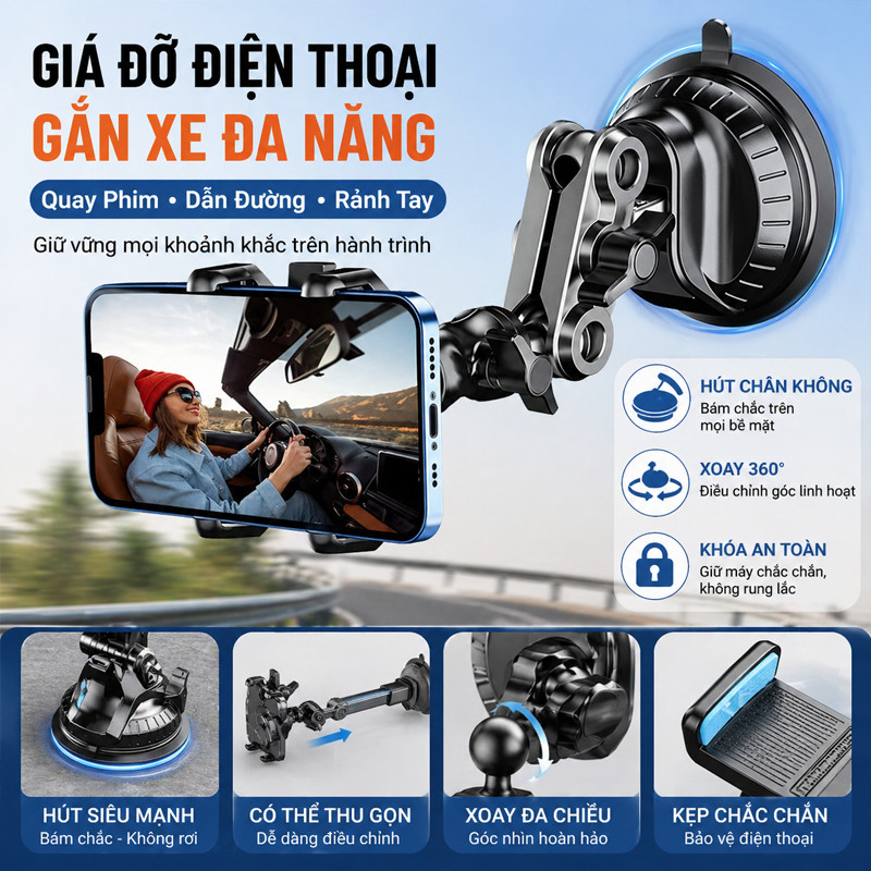 Giá Đỡ Điện Thoại Xe Hơi Cao Cấp – Hút Kính Hợp Kim, Xoay 360°, Thích Hợp Livestream, Quay Video Chụp Ảnh