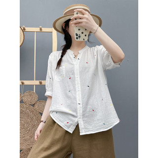 Áo sơ mi nữ cotton cao cấp mùa hè, thiết kế cổ chữ V thêu và tay ngắn