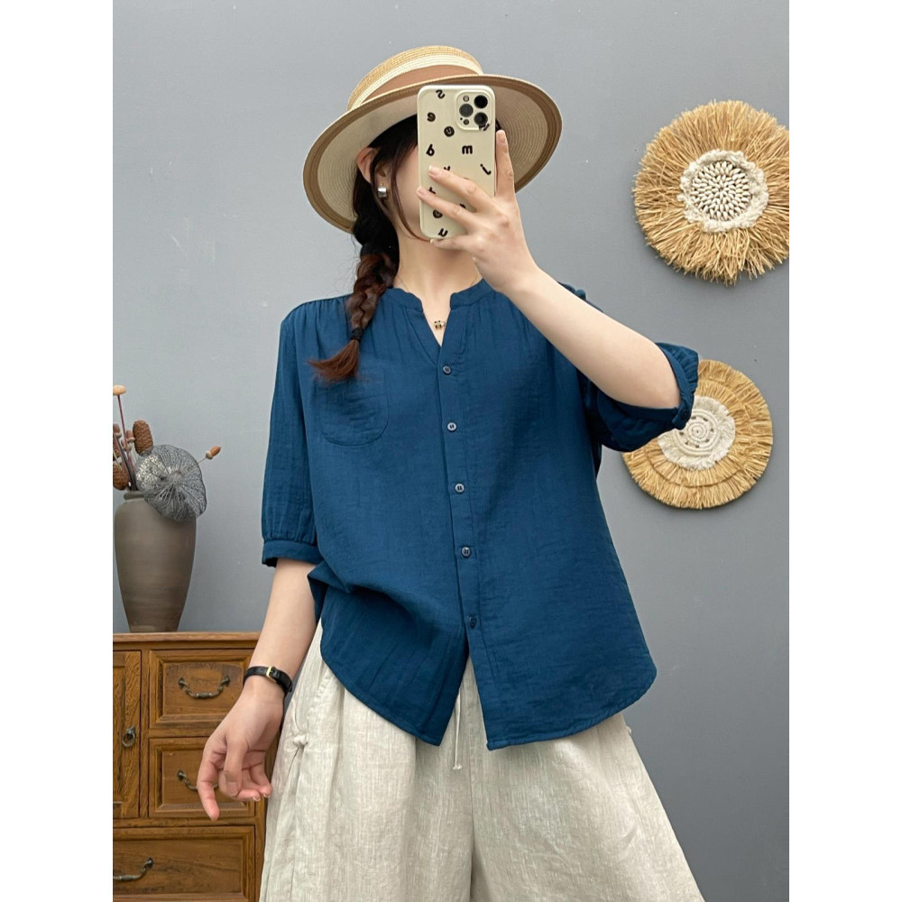 [Sẵn Sàng] Áo Sơ Mi Nữ 100% Sợi Cotton Cao Cấp Văn Học Cổ Chữ V Màu Trơn Cotton Mềm Thoáng Khí Áo Sơ Mi Cotton Cho Bé