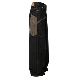 Quần Jean Nam Đen Patchwork Phối Vải Ống Rộng Cao Eo Vintage Thời Trang