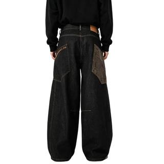 Quần Jean Nam Đen Patchwork Phối Vải Ống Rộng Cao Eo Vintage Thời Trang
