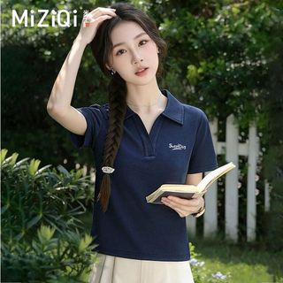 【MIZIQI】Áo thun Polo ngắn tay hàn quốc dành cho nữ, áo thun tay ngắn in hình phong cách đại học