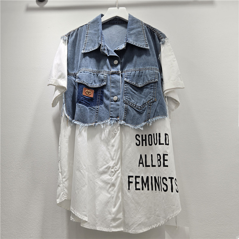 Châu Âu Khâu Màu Sắc Tương Phản In Chữ Denim Áo Sơ Mi Tay Ngắn Phong Cách Thoáng Mát Nữ Mùa Hè Rời Fried Street Áo Sơ Mi