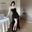 LUImo Nữ Đi Biển Kỳ Nghỉ Lưới Xù Spaghetti Dây Ngày Lễ Sang Trọng Dài Đầm SBS