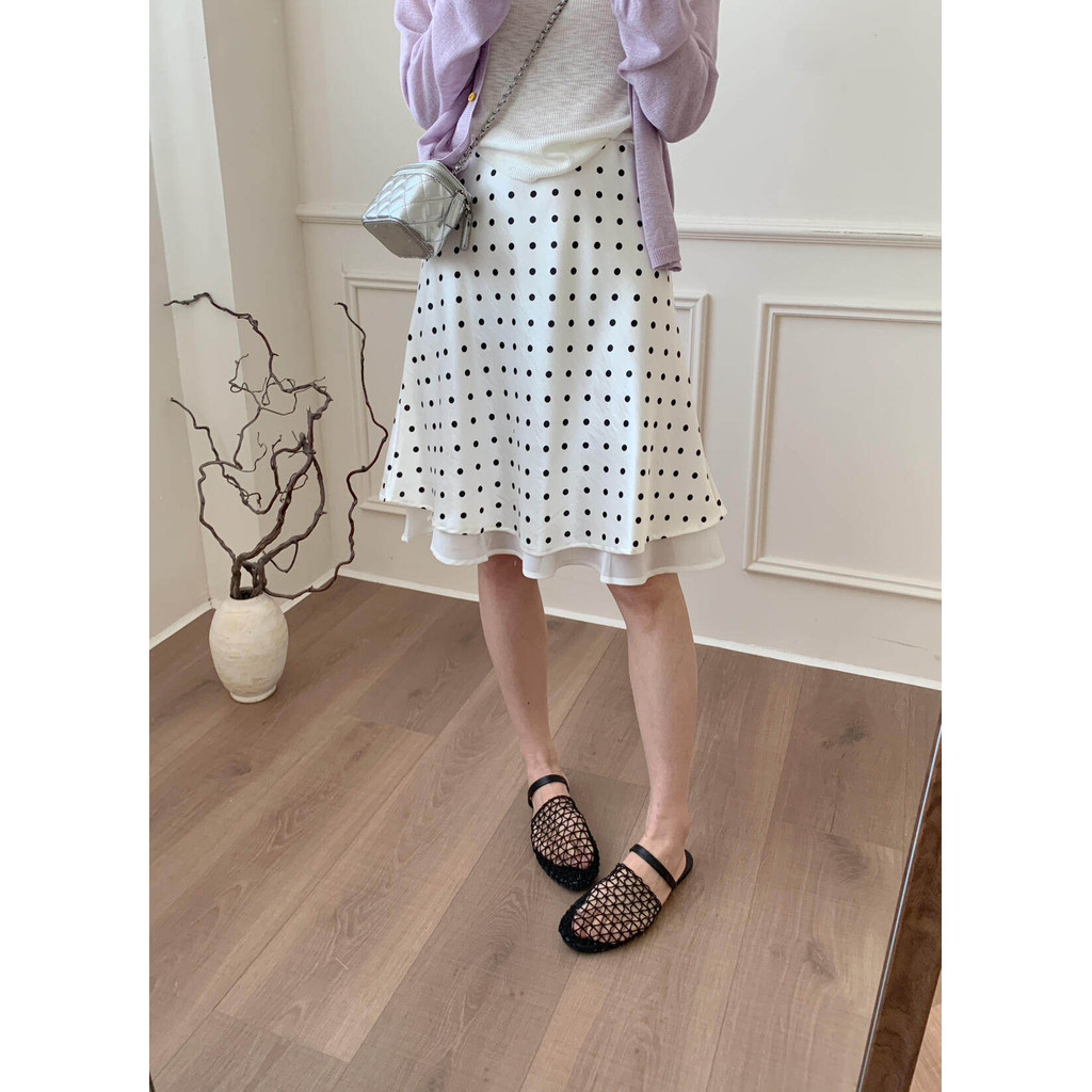 SUXI Váy chấm bi hai lớp Satin chấm bi phong cách Hàn Quốc nhẹ nhàng dành cho nữ mùa hè mới 260509