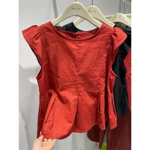 Áo sơ mi nữ màu trơn cổ tròn kiểu Pháp mùa hè Thiết kế phong cách mới Cảm giác mặc bên ngoài Áo Vest không tay ngọt ngào cay