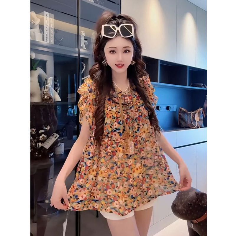 [Thời gian giới hạn Seckill] Mùa hè 2026 Phong cách mới Phong cách phương Tây In dáng rộng mỏng hơn Nhìn Agaric Edge Cổ tròn Xù Áo sơ mi voan bay tay